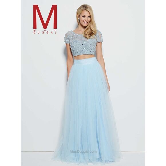 Mac Duggal Ice Blue Beaded Crop Top Gown Size 8 Formal Prom Dress - Picture 1 of 11